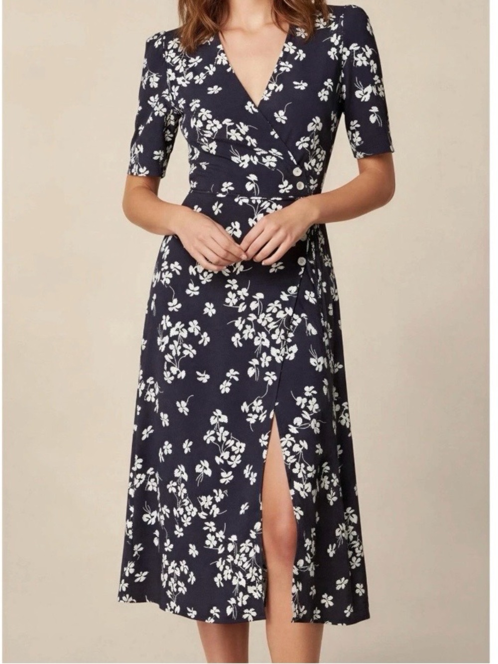 Navy Floral Wrap Midi Dress - White Blossom Print